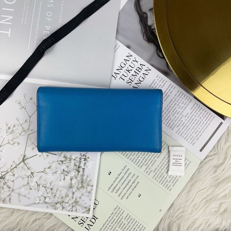 GUCCI 粒紋 牛皮 水藍色 金色 大logo 12卡 釦式 信封 長夾 400586-1