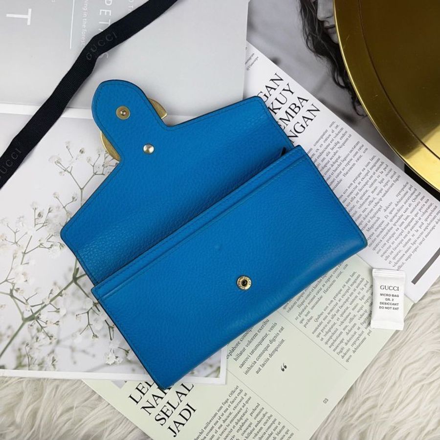 GUCCI 粒紋 牛皮 水藍色 金色 大logo 12卡 釦式 信封 長夾 400586-2