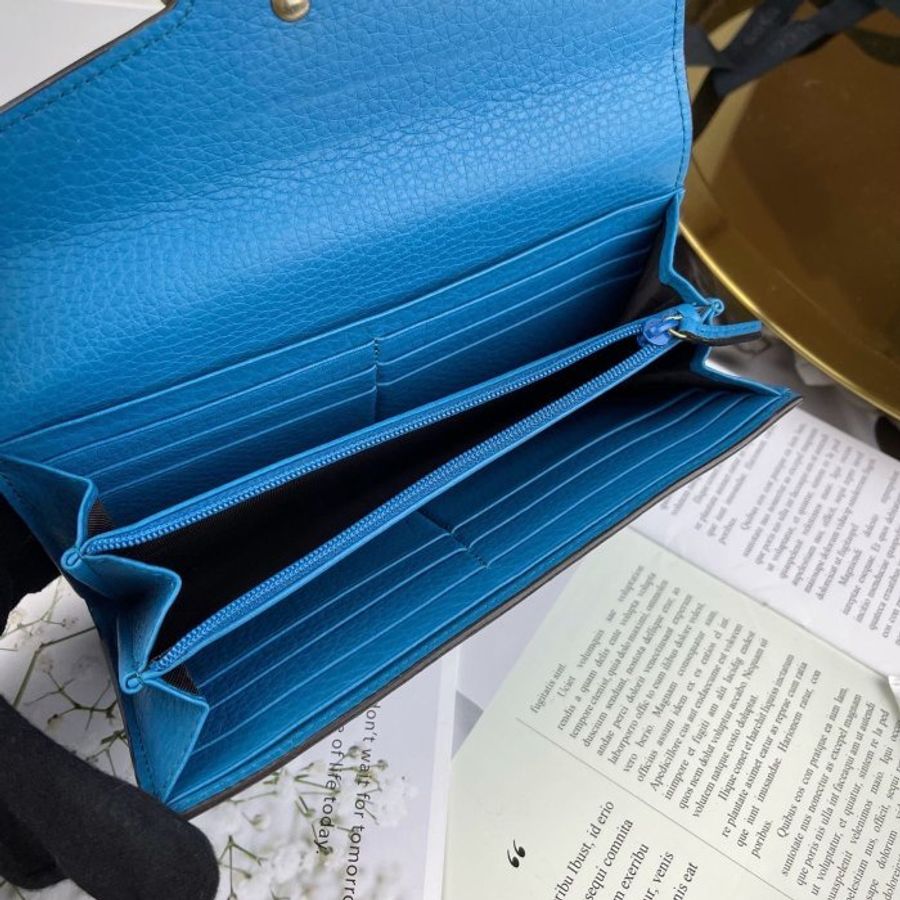 GUCCI 粒紋 牛皮 水藍色 金色 大logo 12卡 釦式 信封 長夾 400586-4