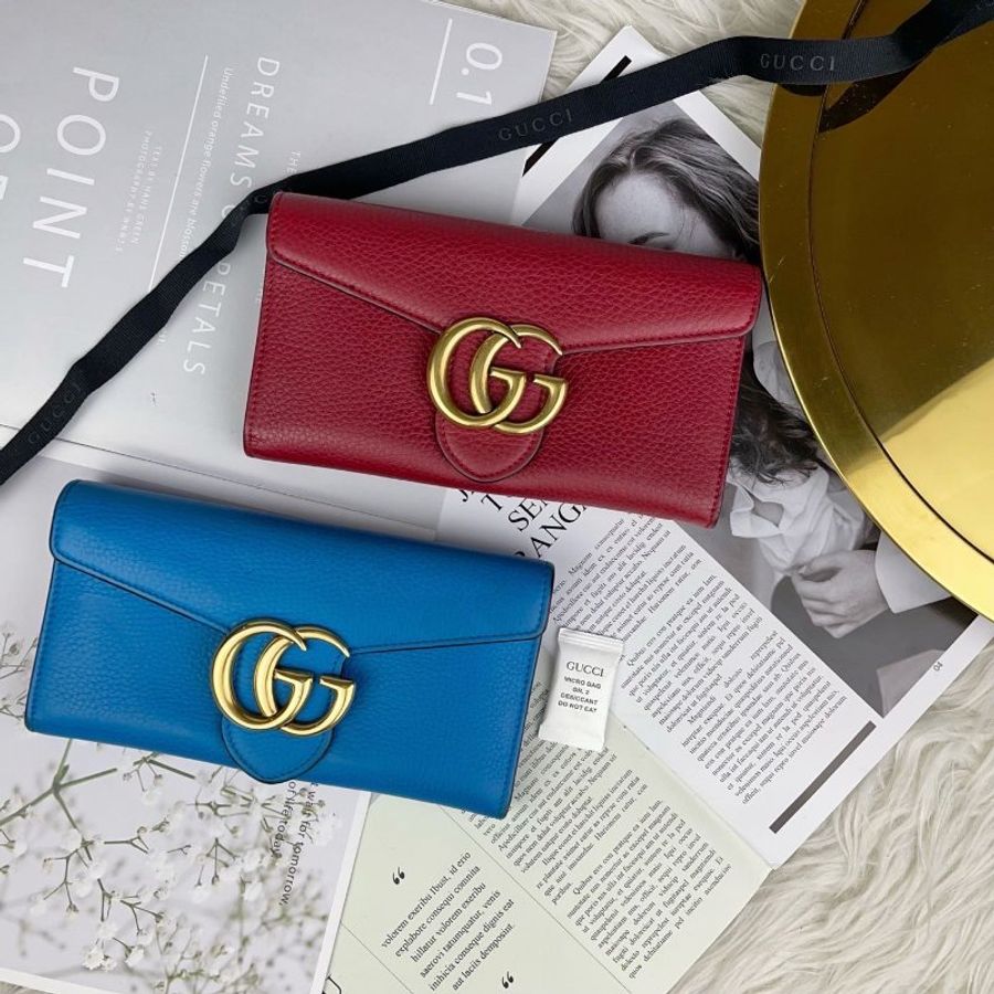 GUCCI 粒紋 牛皮 水藍色 金色 大logo 12卡 釦式 信封 長夾 400586-5
