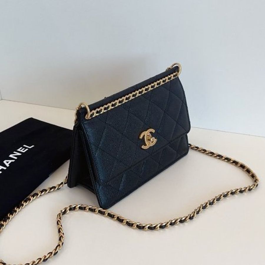 近新品 香奈兒/Chanel 黑金荔枝牛皮 梯形鏈條包 芯片款-2