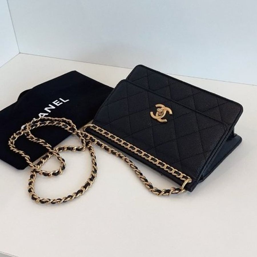近新品 香奈兒/Chanel 黑金荔枝牛皮 梯形鏈條包 芯片款-4