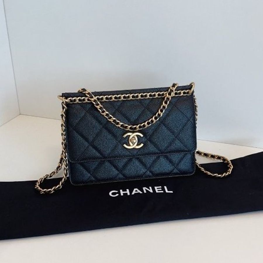 近新品 香奈兒/Chanel 黑金荔枝牛皮 梯形鏈條包 芯片款-5