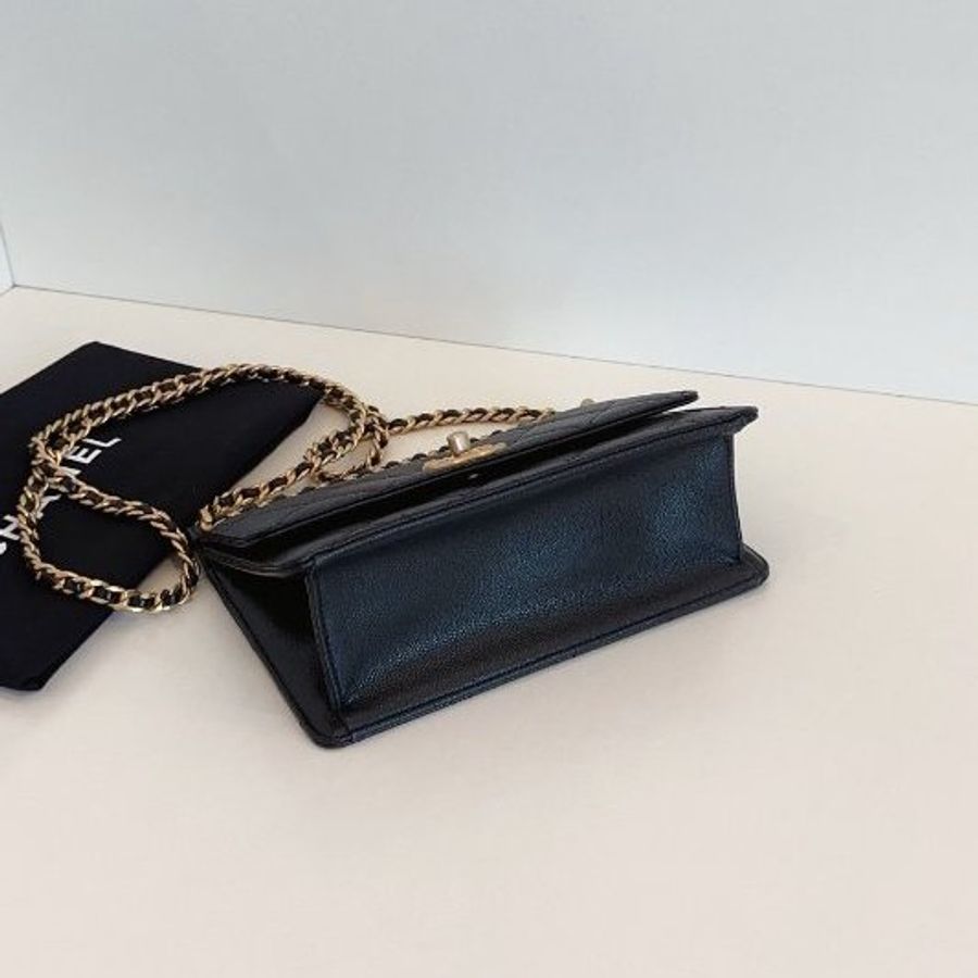 近新品 香奈兒/Chanel 黑金荔枝牛皮 梯形鏈條包 芯片款-7