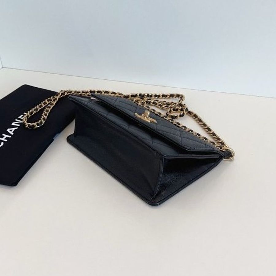 近新品 香奈兒/Chanel 黑金荔枝牛皮 梯形鏈條包 芯片款-8