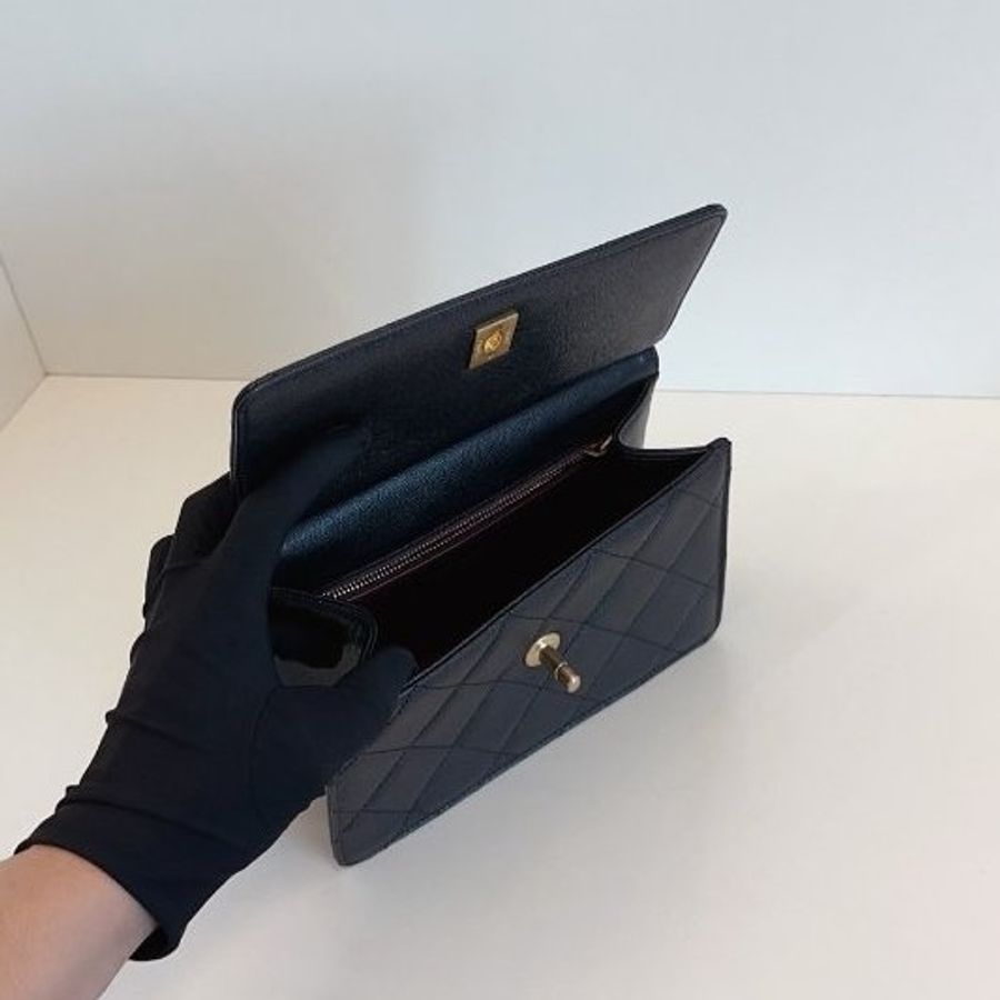 近新品 香奈兒/Chanel 黑金荔枝牛皮 梯形鏈條包 芯片款-9