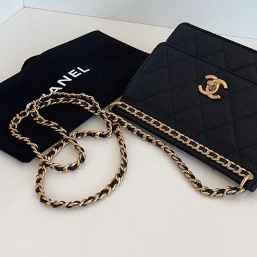 近新品 香奈兒/Chanel 黑金荔枝牛皮 梯形鏈條包 芯片款-10