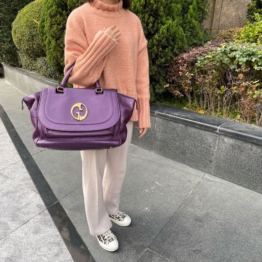 GUCCI 1973系列 大型 金屬紫 荔枝皮 明星款 手提包 251813-5