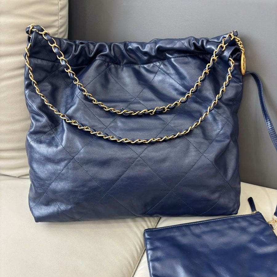 芯片款 香奈兒/Chanel 深藍色22bag中號垃圾袋鏈條包-1