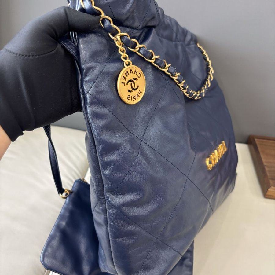 芯片款 香奈兒/Chanel 深藍色22bag中號垃圾袋鏈條包-3