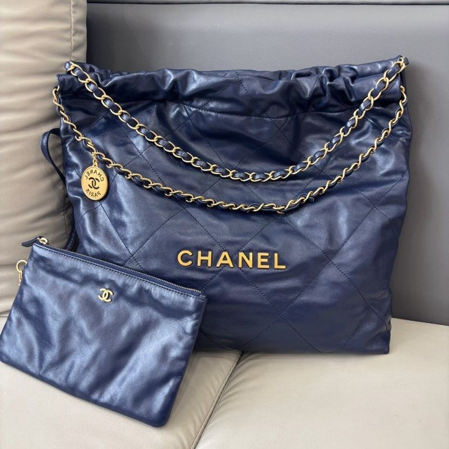 芯片款 香奈兒/Chanel 深藍色22bag中號垃圾袋鏈條包-5