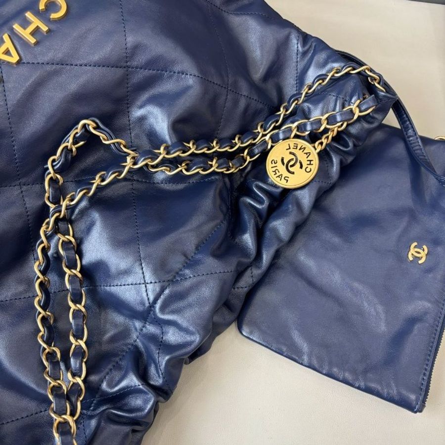 芯片款 香奈兒/Chanel 深藍色22bag中號垃圾袋鏈條包-9