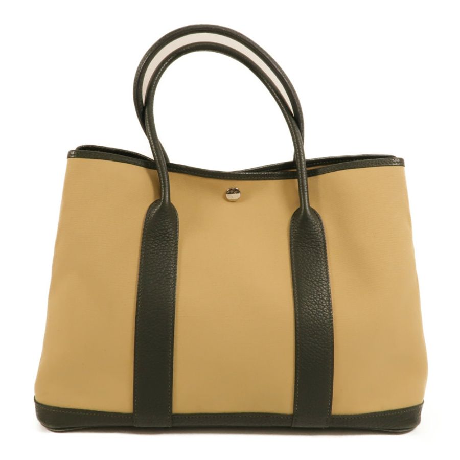 HERMES Toile/Negonda皮革Garden Party PM手挽袋Trench/Vert Fonce-1