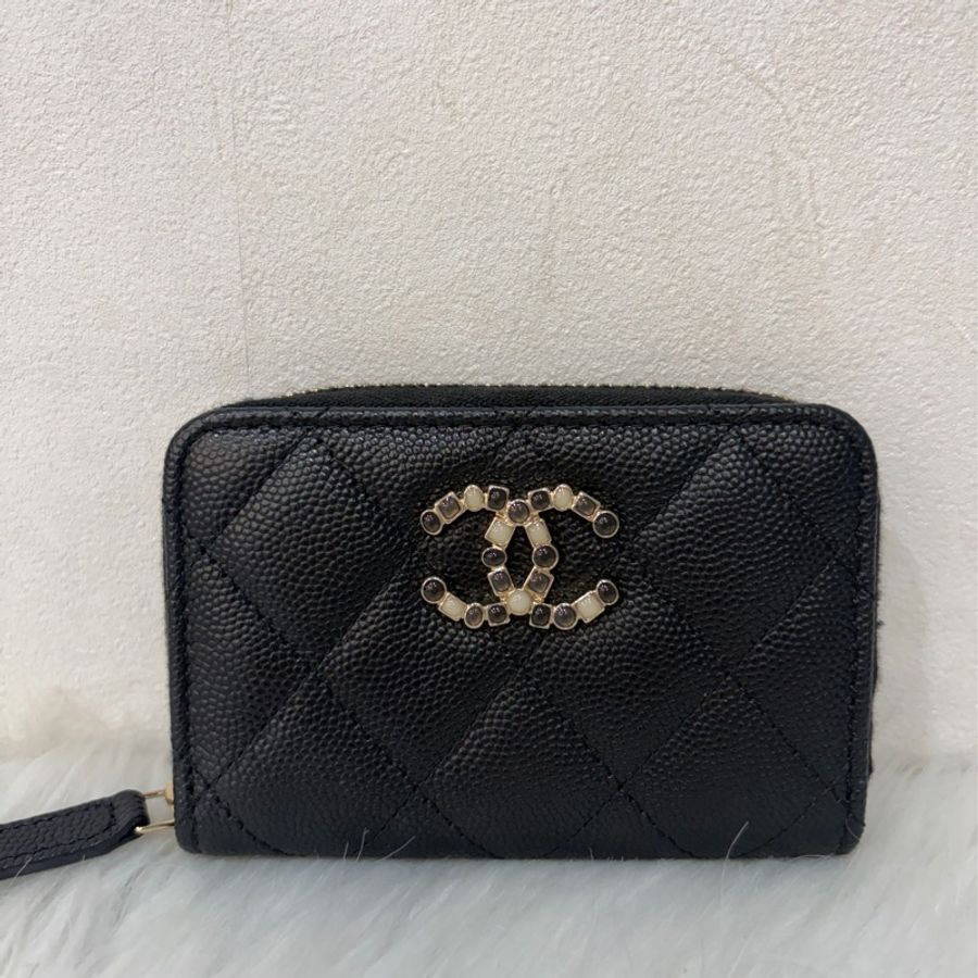 Chanel AP3607 黑色 荔枝皮 小牛皮雙C 琺瑯 拉鍊 卡包 零錢包-0