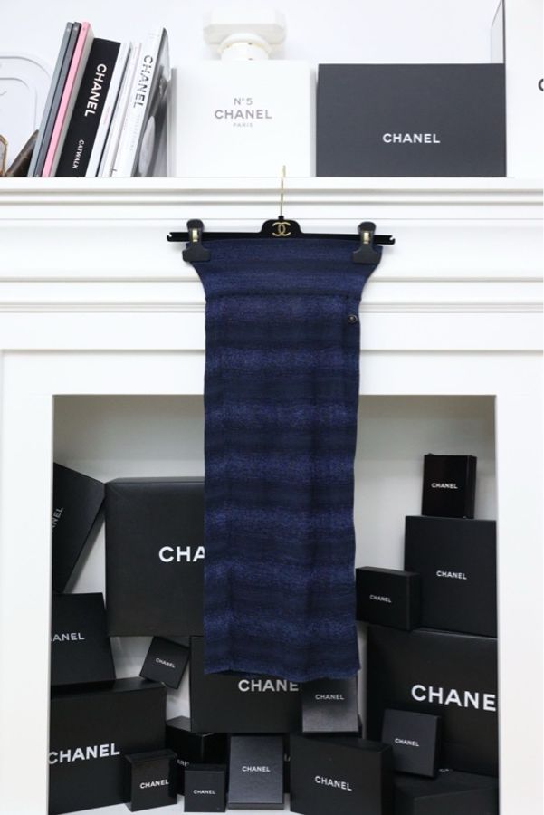 Chanel 09年黑蓝条纹弹力包臀裙半裙-0