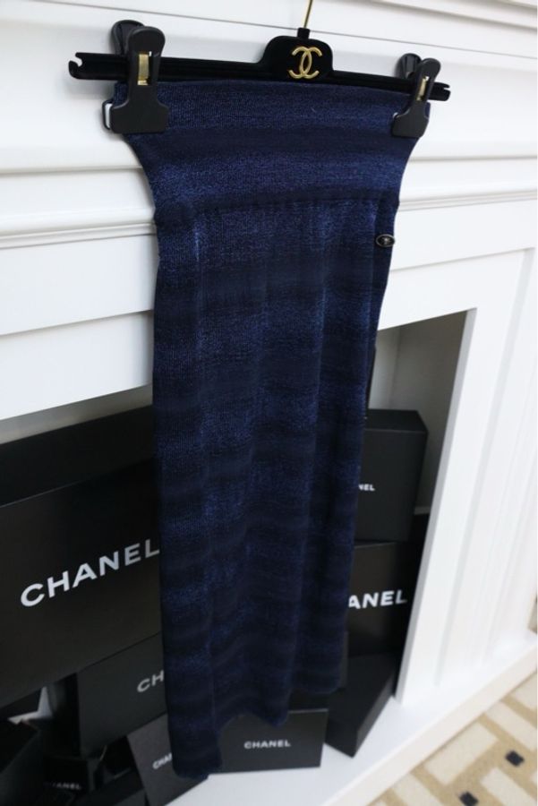 Chanel 09年黑蓝条纹弹力包臀裙半裙-2
