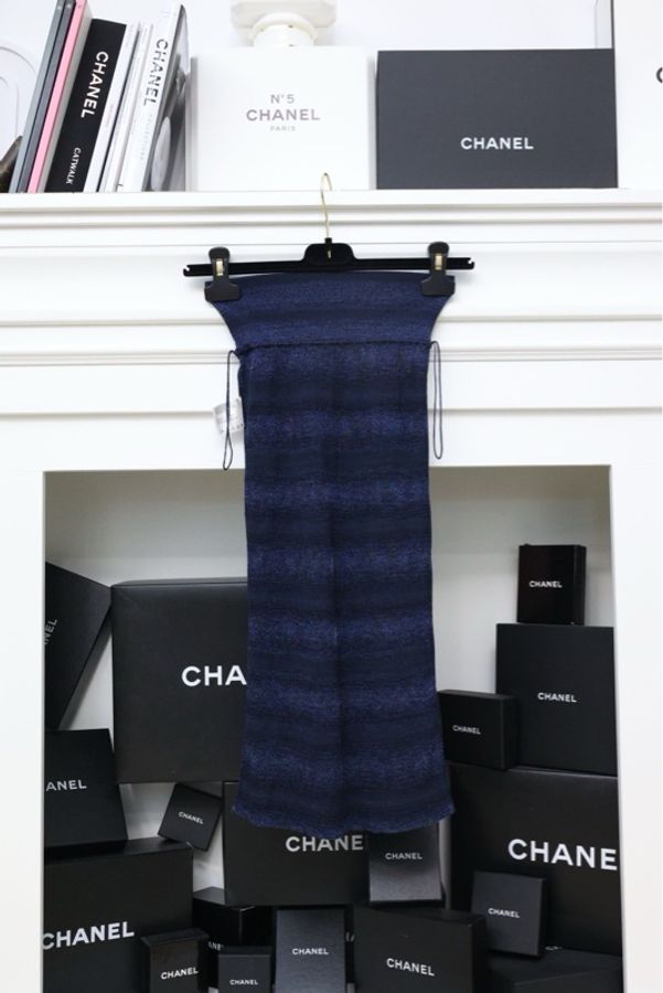 Chanel 09年黑蓝条纹弹力包臀裙半裙-5