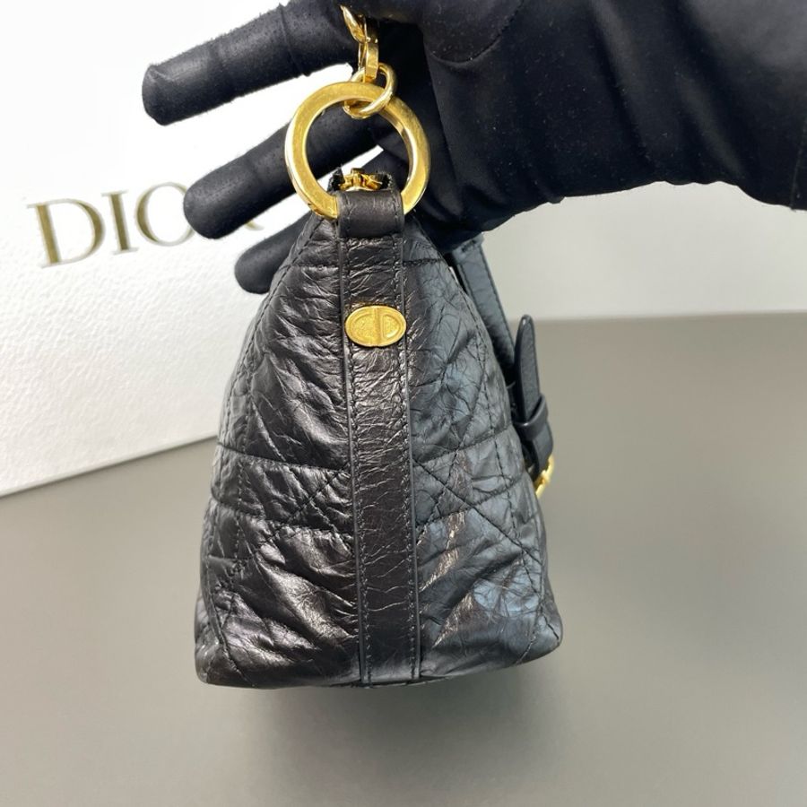 Dior/迪奧 黑金油蠟皮星星Diorstar hobo 褶皺牛皮革超大藤格紋飯盒包腋下-2