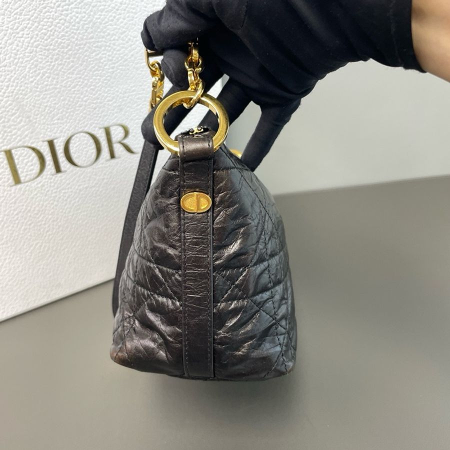 Dior/迪奧 黑金油蠟皮星星Diorstar hobo 褶皺牛皮革超大藤格紋飯盒包腋下-3