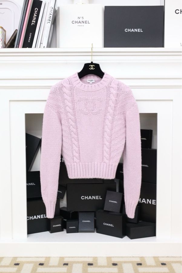 Chanel20B粉紫色羊绒双C圆领套头毛衣-0