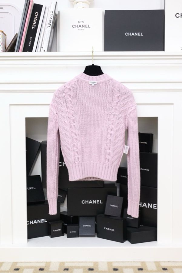 Chanel20B粉紫色羊绒双C圆领套头毛衣-1