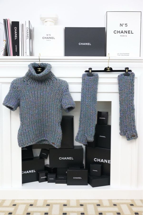 Chanel 00年蓝紫色粗针织高领短袖上衣袖套套装-0
