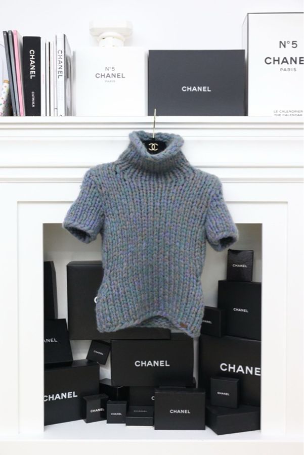 Chanel 00年蓝紫色粗针织高领短袖上衣袖套套装-1