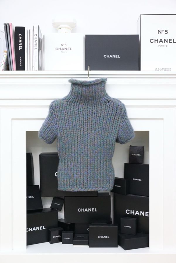 Chanel 00年蓝紫色粗针织高领短袖上衣袖套套装-2