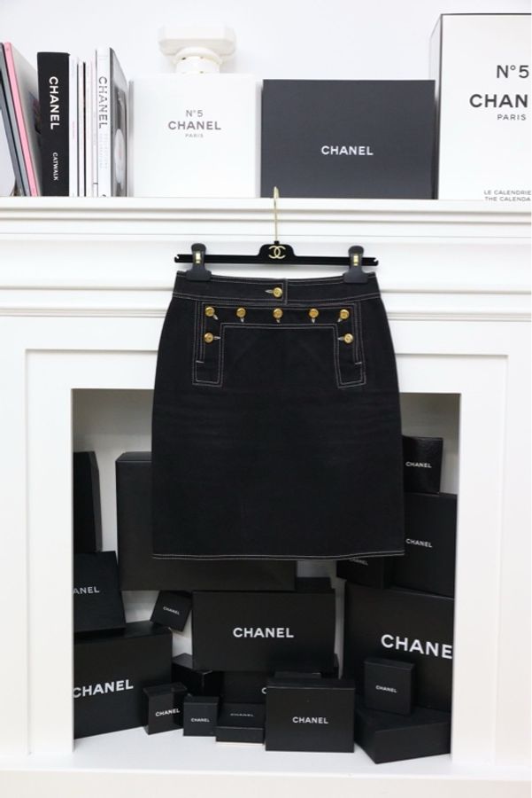 Chanel 94年秀款丹宁牛仔外缝线金扣半裙-10