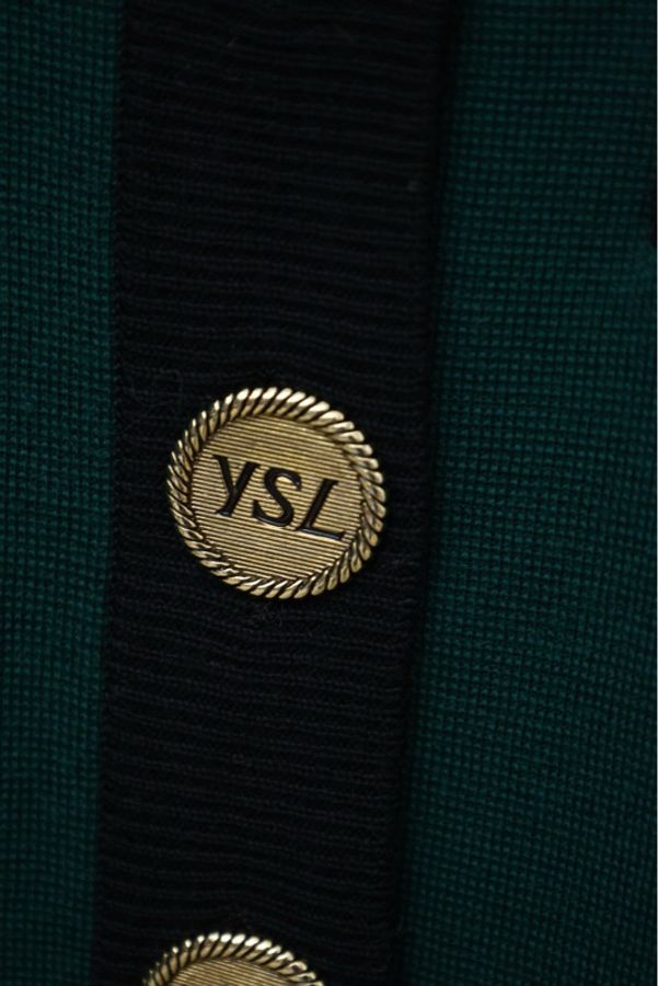 YSL墨绿色针织黑色滚边开衫外套-13