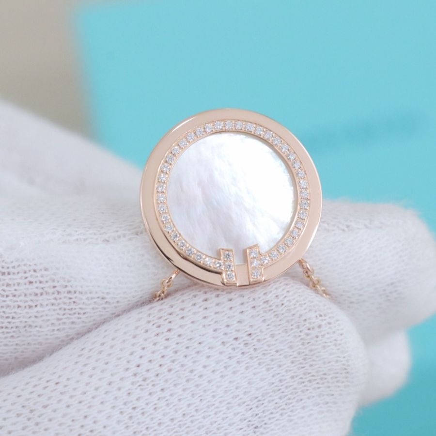 Tiffany帝芙尼 圓餅項鍊大號，18K玫瑰金白貝母鑲鑽，配件盒子-3