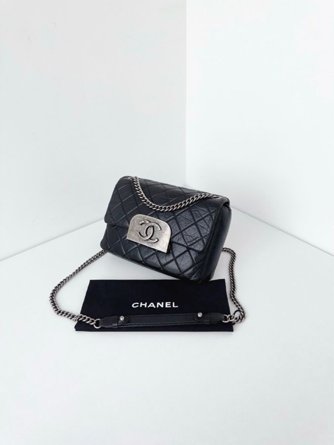 💎Chanel香奈兒|黑銀孟買方胖子 盒子鏈條包|超大logo復古銀扣 菱格油蠟牛皮|98新-3