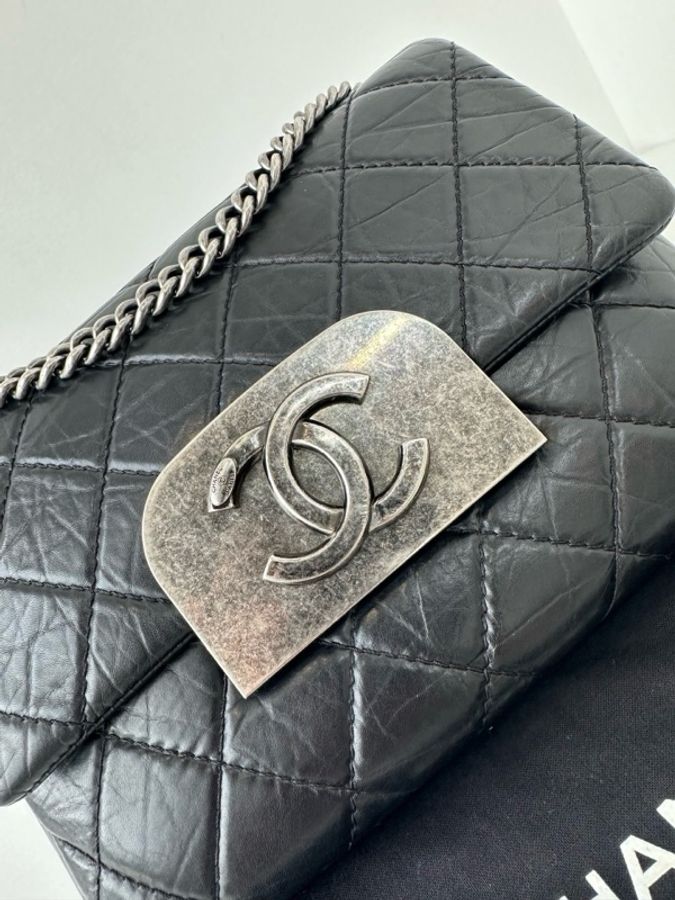 💎Chanel香奈兒|黑銀孟買方胖子 盒子鏈條包|超大logo復古銀扣 菱格油蠟牛皮|98新-7