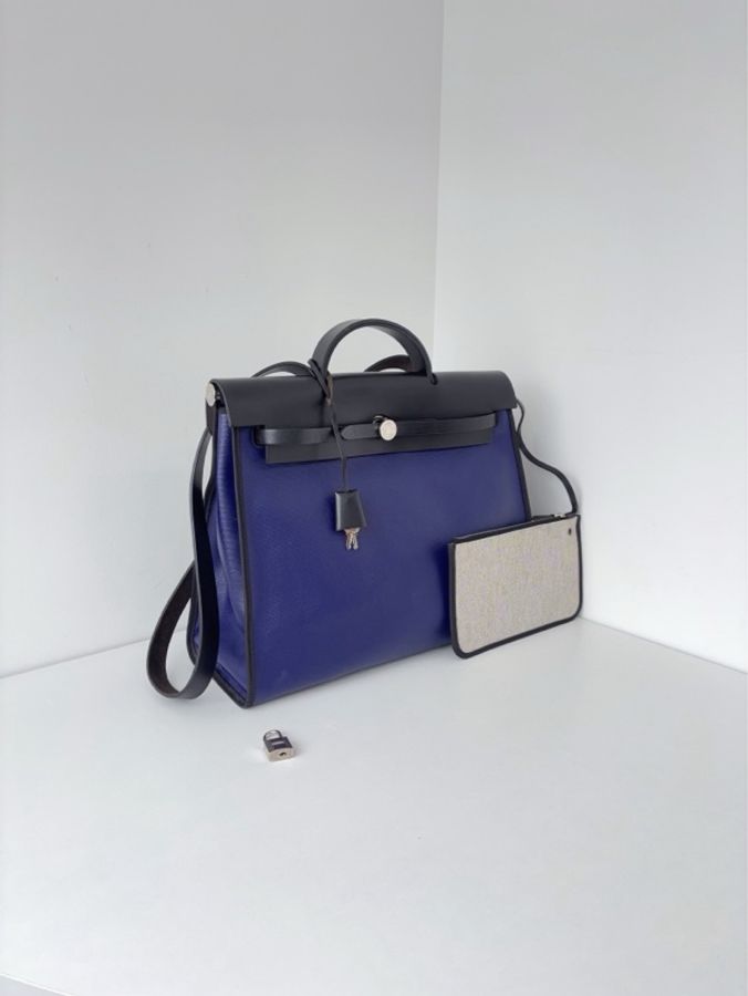 💎Hermes愛馬仕|Herbag39單肩包|寶石藍防水塗層拼黑白熊貓 黑皮翻蓋 |98新|C刻-2
