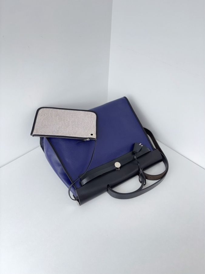 💎Hermes愛馬仕|Herbag39單肩包|寶石藍防水塗層拼黑白熊貓 黑皮翻蓋 |98新|C刻-5