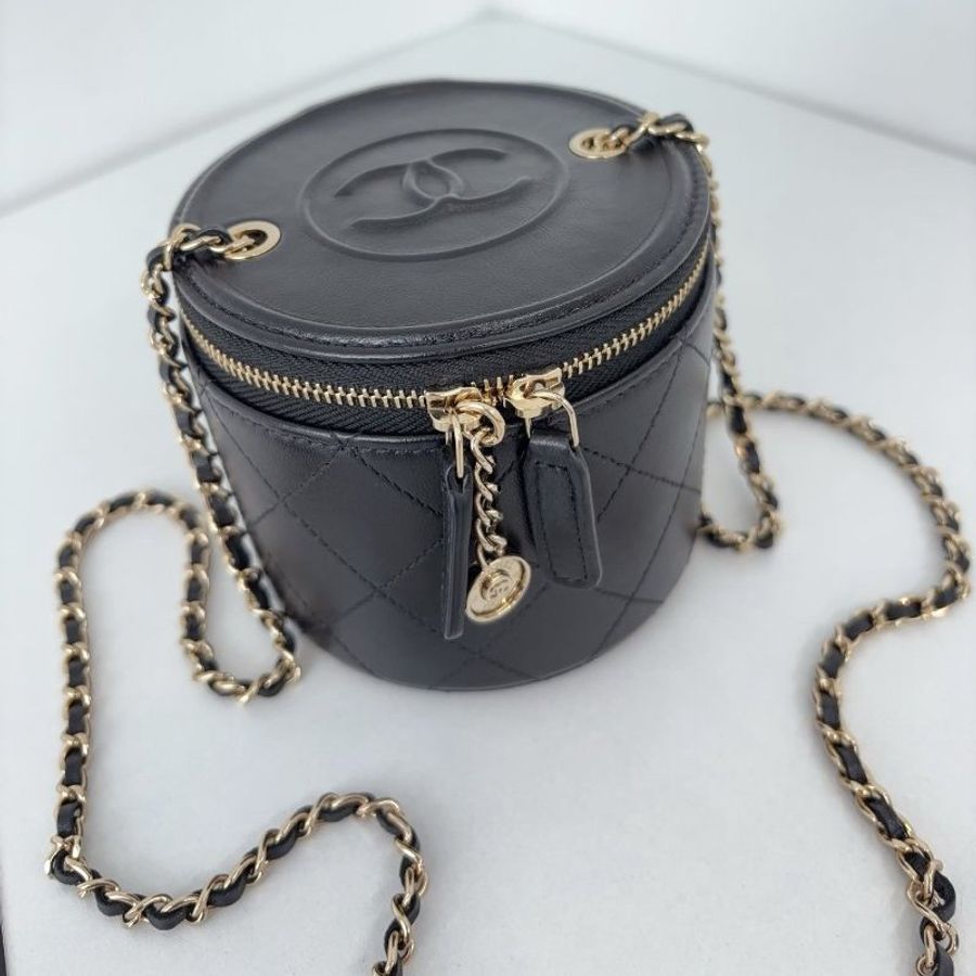 閒置新 香奈兒/Chanel 黑金菱格mini圓筒鏈條包-9