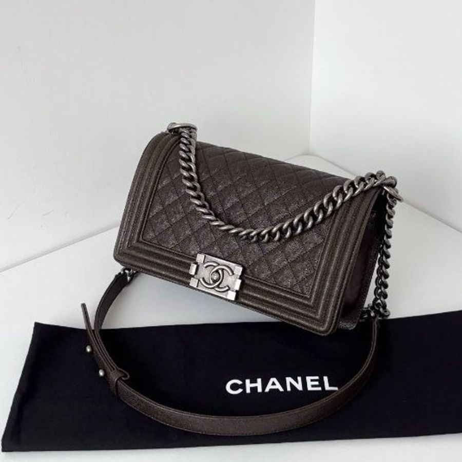 香奈兒/Chanel 荔枝皮Leboy中號 棕褐色 複古銀扣-3