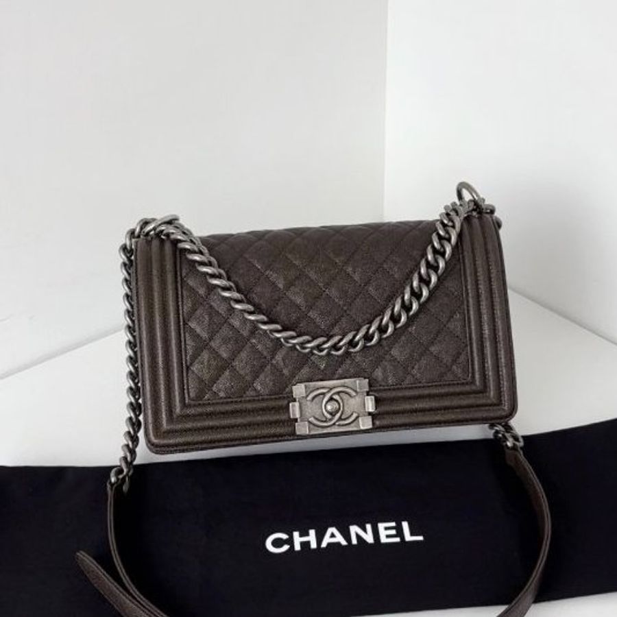 香奈兒/Chanel 荔枝皮Leboy中號 棕褐色 複古銀扣-5