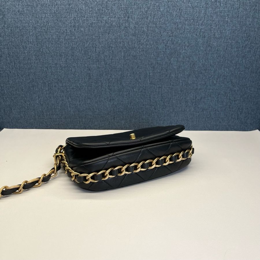 CHANEL香奈兒23K Flap Bag黑金滾邊方胖子單肩斜挎包-5