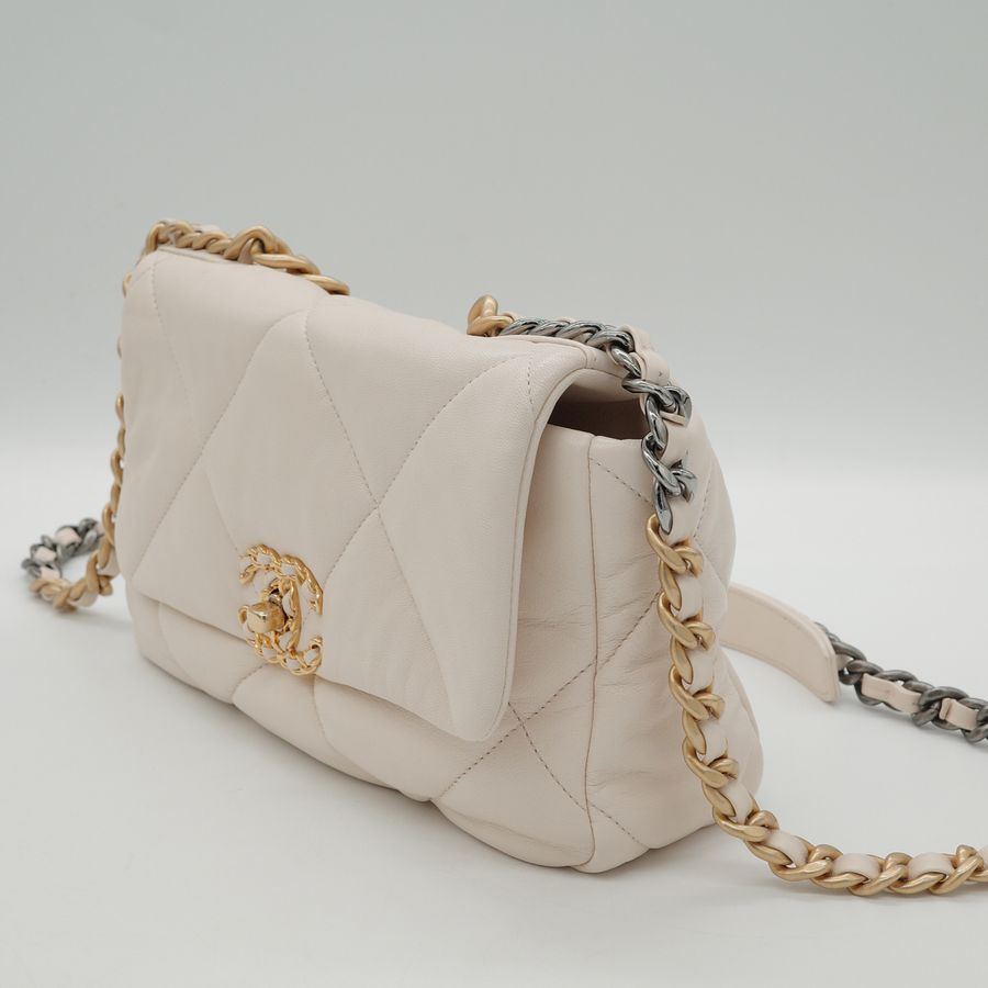 Chanel 香奈兒 19Bag 小號 香草米 皮革 金釦 鏈條包 斜挎包-3