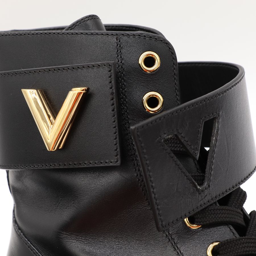 （EU37）Louis Vuitton 路易威登 經典 Wonderland 黑色滑順小牛皮 金色 LV Twist 扭鎖裝飾束帶綁帶短靴 軍靴-16