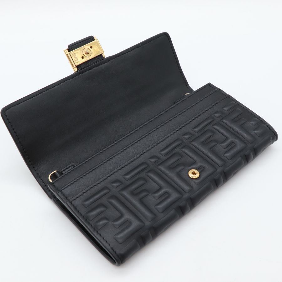 Fendi 芬迪 經典 Baguette 黑色 Nappa 納帕小羊皮立體雙F壓花 金屬FF釦兩用 WOC 鍊帶長夾 斜背小包-8