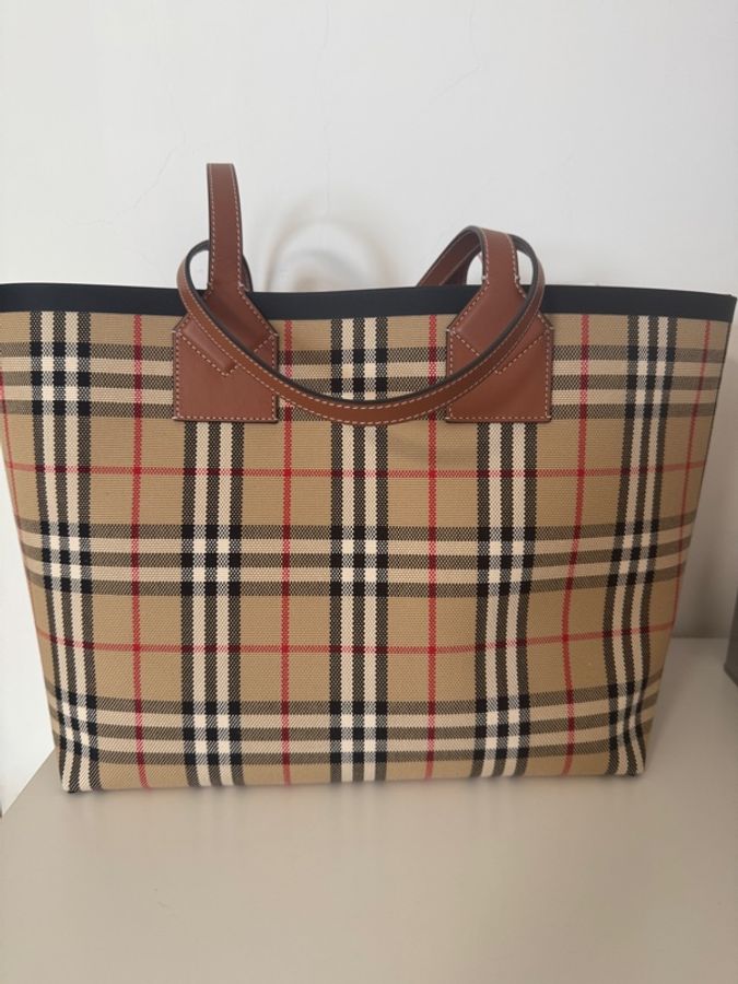 Burberry博柏利 London 格纹敞口设计托特包Tote包购物袋手提包 女款 石楠棕/黑色-1