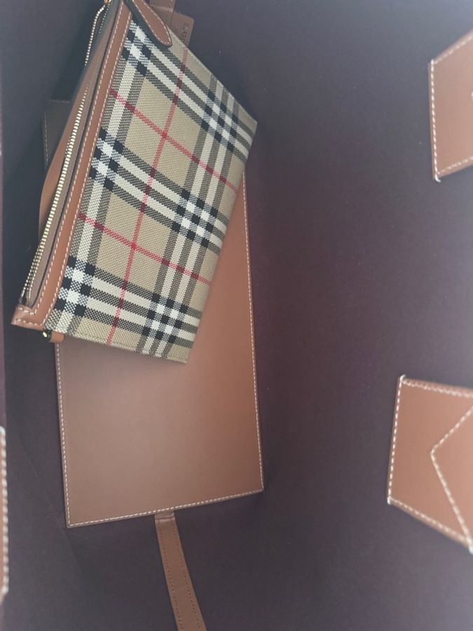 Burberry博柏利 London 格纹敞口设计托特包Tote包购物袋手提包 女款 石楠棕/黑色-7