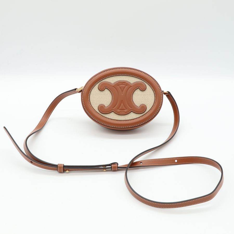 Celine 帆布拼小牛皮 凱旋門 TRIOMPHE LOGO 圓餅肩背包 斜背包-1