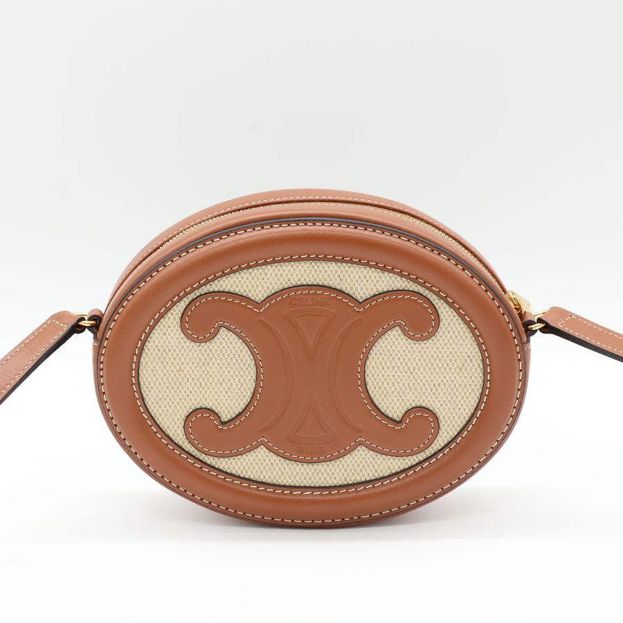 Celine 帆布拼小牛皮 凱旋門 TRIOMPHE LOGO 圓餅肩背包 斜背包-5