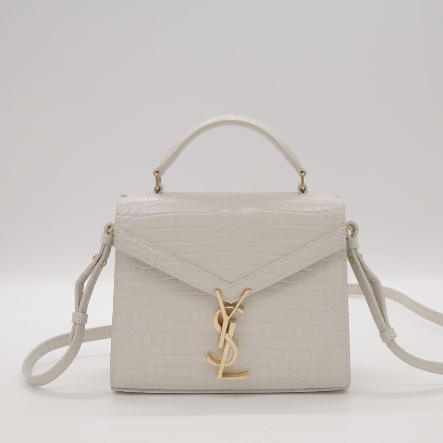 Saint Laurent 聖羅蘭 YSL 灰白色 鱷魚壓紋 金釦 牛皮 手提包 斜挎包-6