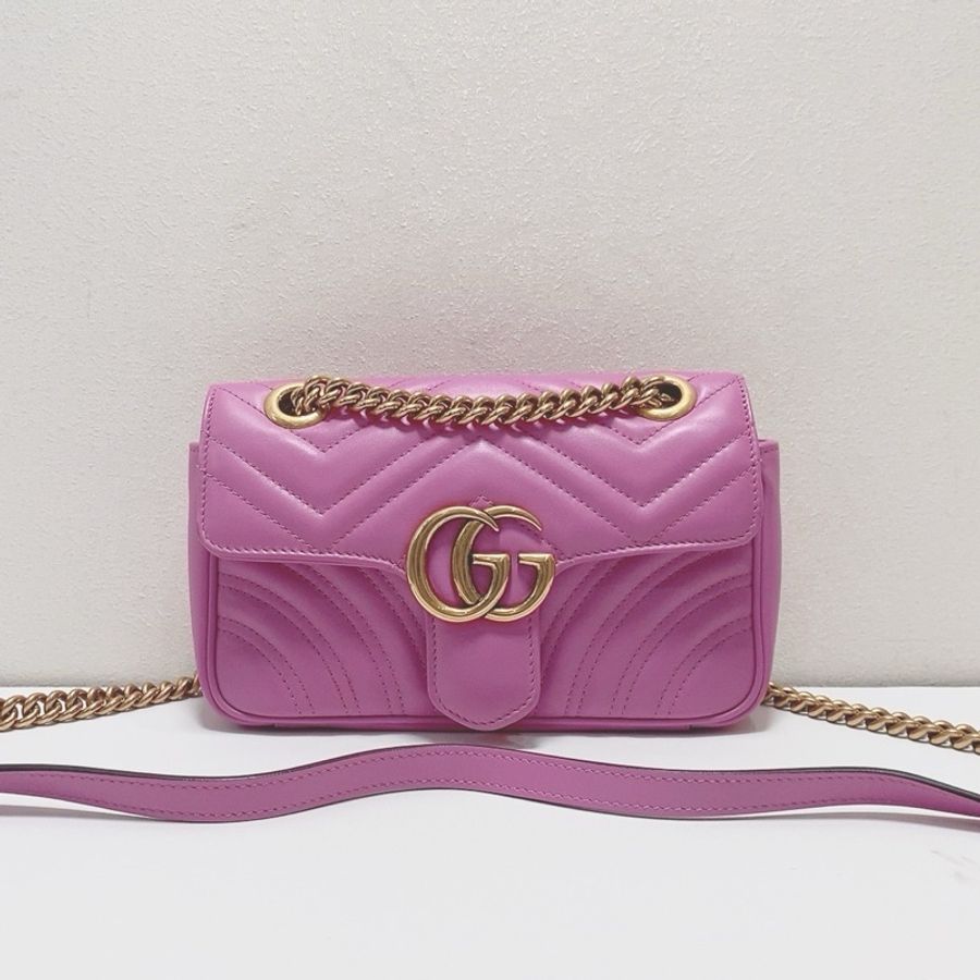 Gucci古馳粉紫色金扣GGmarmont系列馬蒙22小號鏈條包單肩斜挎包-1