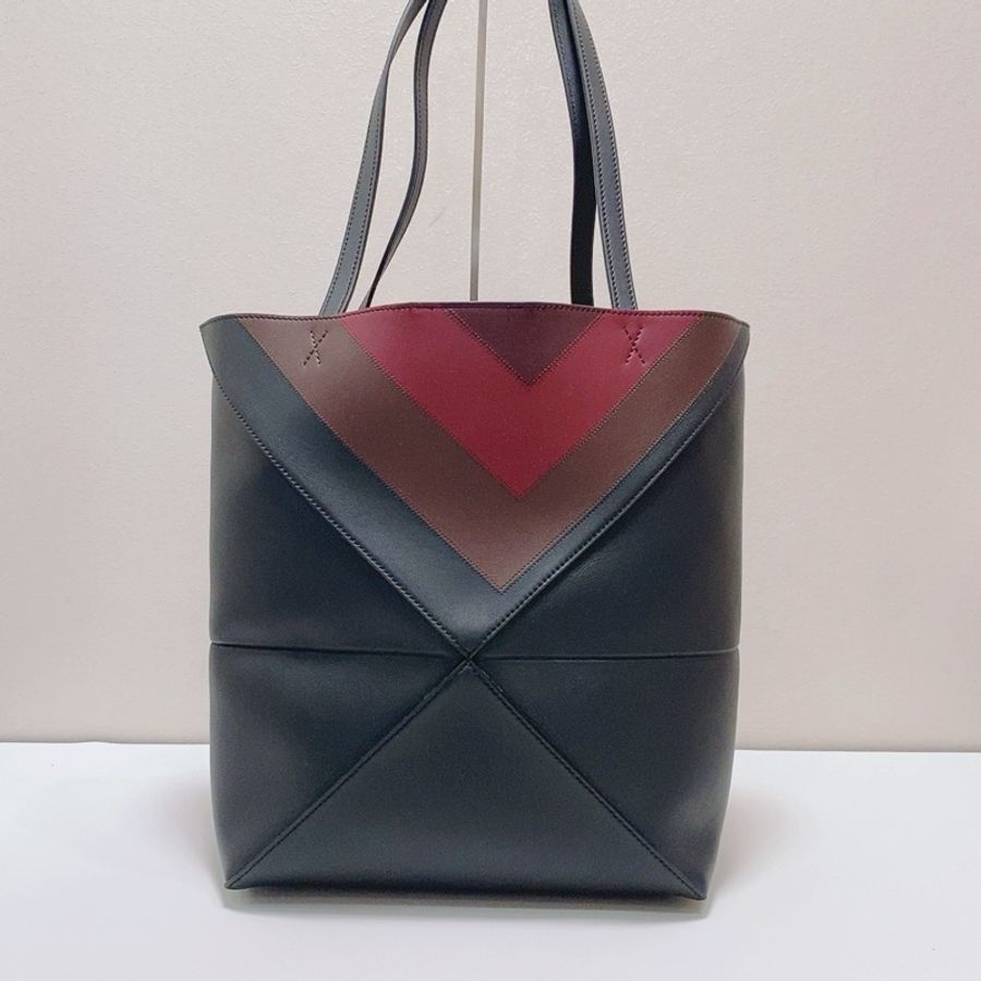 Loewe羅意威Puzzle Fold中號納帕牛皮革黑色拼勃艮第酒紅色托特包-2