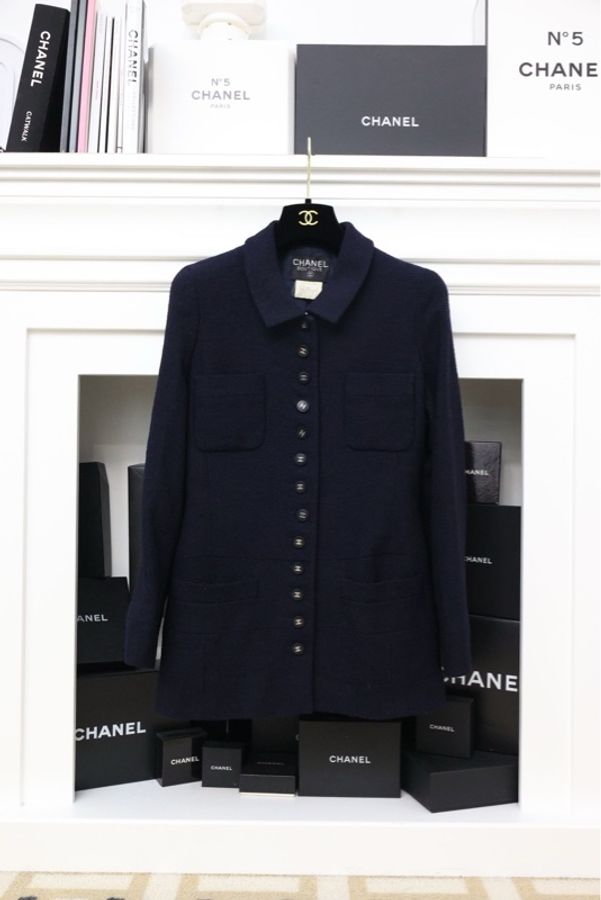 Chanel 96年海军蓝单排银扣小翻领外套-0